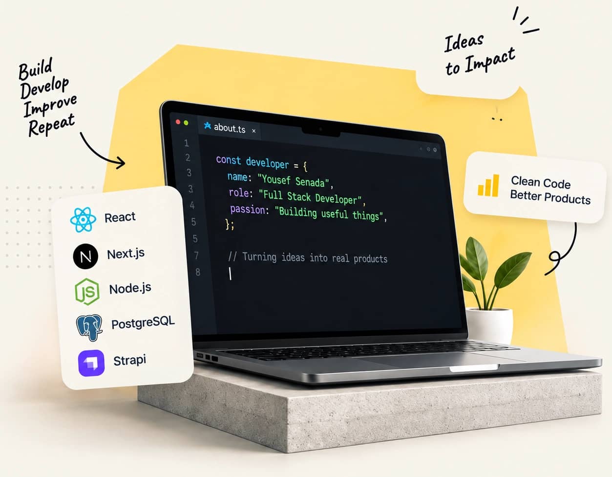 Laptop displaying developer code, surrounded by React, Next.js, Node.js, PostgreSQL and Strapi cards, with handwritten notes about building ideas into products.